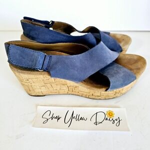 Clarks Womens Caslynn Blue‎ Nubuck Leather Cork Wedge Sandals Sz 8 - Sh439.2